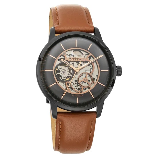 TITAN Automatic Watch with Black Dial  Tan Strap